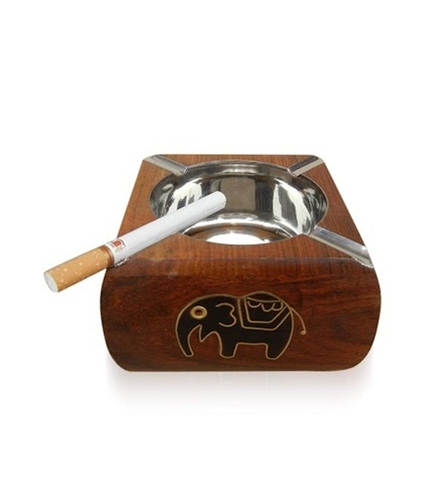 Desi Karigar Brown Sheesham Wood, Brass & Steel Ash Tray With Black Elephant Design