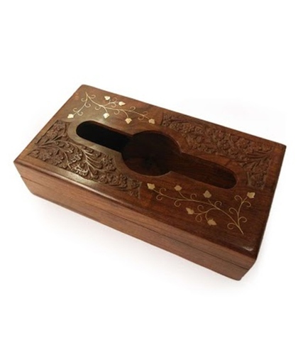 Desi Karigar Brown Sheesham Wood And Brass Tissue Box With Kashmiri Carving And Brass Inlay Work