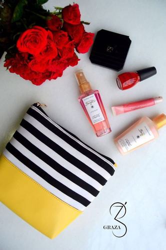 Stripes Lemon Yellow Pouch - High-Grade Fabric, 8x6x3 Inches, Lemon Yellow | Stylish Design, Durable, Ample Storage, Portable Vanity Kit