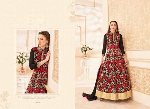 Black & Red Designer Anarkali Suit - Faux Georgette With Embroidery, Full Sleeves Design & Matching Nazneen Dupatta