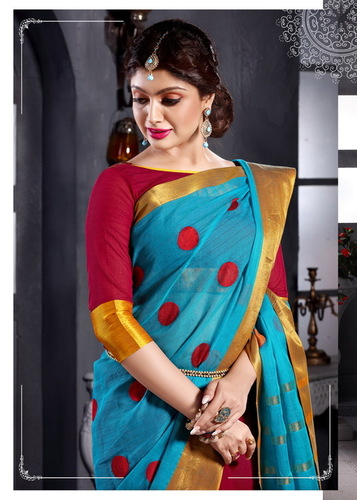 Red & Blue Printed Cotton Saree