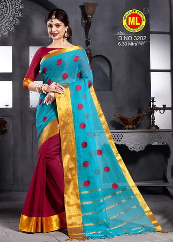 Red & Sea Blue Cotton Saree