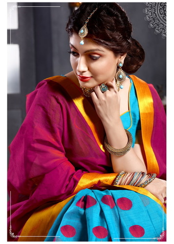 Red & Sea Blue Cotton Saree