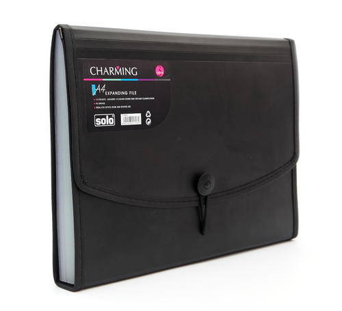 Expanding File - Black, A4 Size | 13 Pockets with 12 Color-Coded Tabs, Expandable Insertable Index Tabs, Elastic Closure for Document Organization