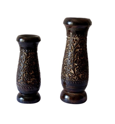 Desi Karigar Brown Wooden R Flower Pot Vases Showpiece - Set Of 2