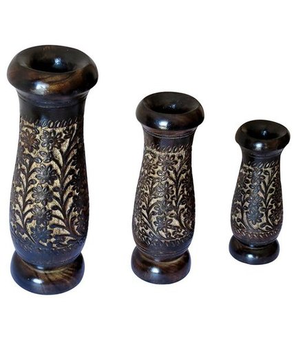 Desi Karigar Brown Wooden Flower Vase Set Of 3