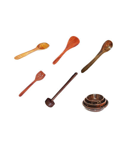 Desi Karigar Home Decor Wooden Brown Spatula and Bowl - Set of 8