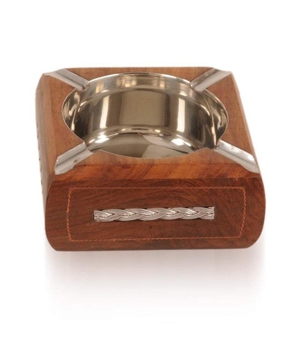 Desi Karigar Brown Wood And Steel Ash Tray With Side Strip Design