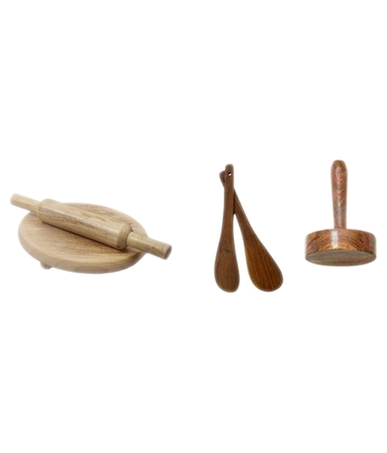 Desi Karigar Brown Wooden Skimmer & Chakla Belan - 4 Pieces