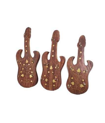 Desi Karigar Brown Wooden Guitar Key Chain Holder - Set Of 3