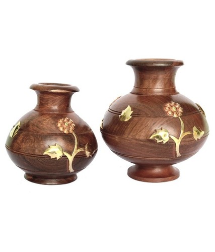 Desi Karigar  Brown Wooden Matki Set Of Two For Table Decor