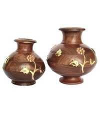 Desi Karigar Brown Wooden Matki Set Of Two For Table Decor