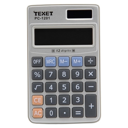 Pocket Calculator - 6.7x0.9x10.9 cm , Silver Color, 12 Digit LCD Display, Dual Power (Solar & Battery), Memory Functions, Auto Power Off