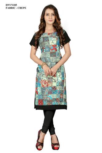 Designer Semi-Crepe Digital Printed Long Kurti - Size M, L, XL | Washable, A-Line Style, Short Sleeve, All-Season Wear