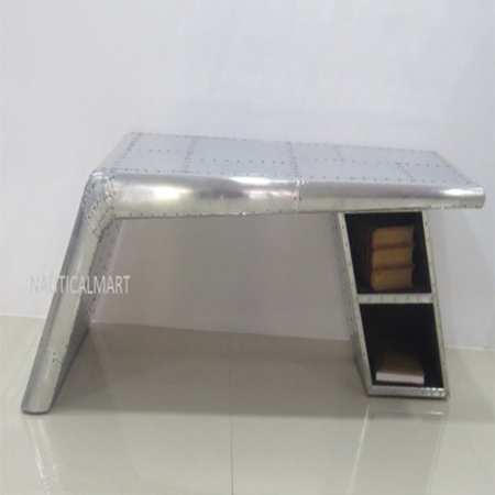 Aviator Wings 2 Drawers Table - Aluminum & Wood, 36x24x30 inches, Silver | Adjustable Height, Durable, Stylish Design
