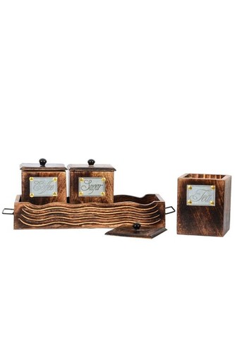Desi Karigar Big Shabby Chic Tea Coffee Sugar Storage Box Mango Wood Vintage Style