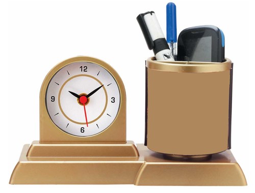 Table Clock - Golden, 2.65 x 2.65 Inch Size | With Revolving Pen Stand, Elegant Desk Accessory for Home or Office