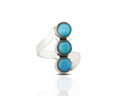 Sterling Silver 92.50% Ring - Size 6, Turquoise Center Stone with Three Stone Design and Dots Accent