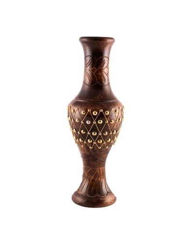 Desi Karigar Handcrafted Wooden Flower Vase With Brass Carving For Home Decor