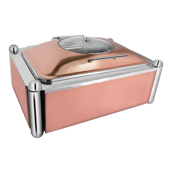 Rectangular Rose Gold Glass Chafer W-Rose Gold Pillar Stand