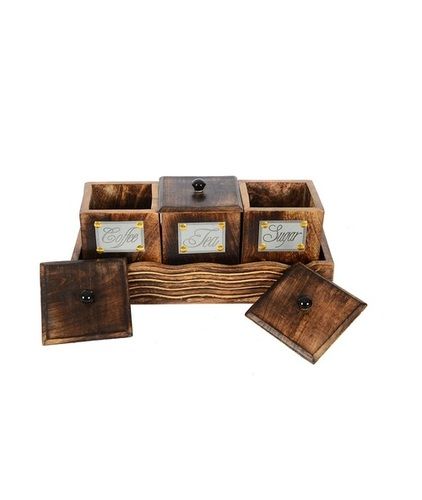 Desi Karigar Tea Coffee Sugar Storage Box Mango Wood Vintage Style