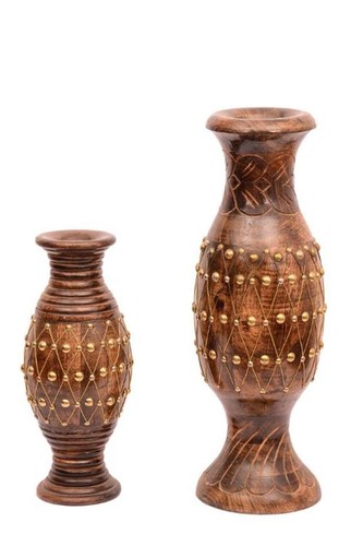 Desi Karigar Hand Crafted Amphora Wooden Golden Patterned Flower Vases