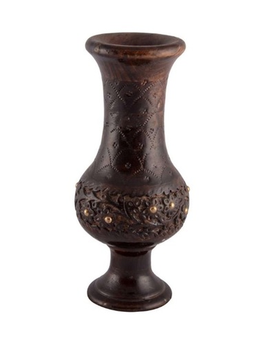 Desi Karigar Handcrafted Wooden Flower Vase With Studded Brass For Home Decor