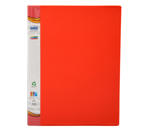 Delux Clip File - ABS Polymer, A4 Size, Tango Red | Clear-View Pocket, Strong Grip Mechanism, Holds Up to 180 Sheets, Prevents Tearing at Punch Holes