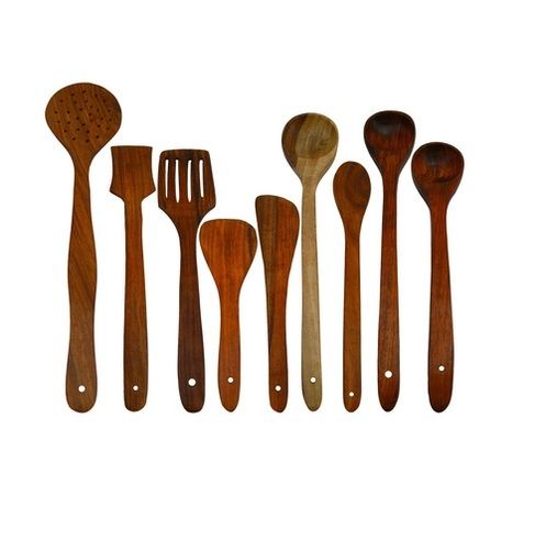 Desi Karigar Handmade Wooden Serving and Cooking Spoon Kitchen Utensil Set of 9