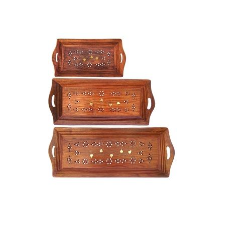 Desi Karigar Handmade Wooden Serving Coffee Tray, Set Of 3 With Brass Work