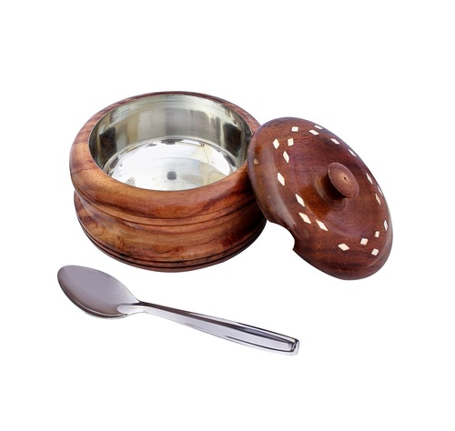 Desi Karigar Handmade Wooden and Steel Small Bowl with Spoon