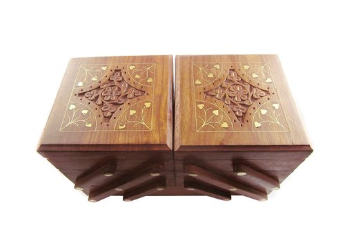 Desi Karigar Beautifully top carved with brass work wooden 3 stories foldable jewellery box