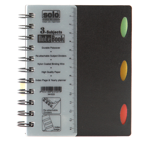 3-Subjects Note Book (240 Pages) - A6 Size 105x148mm, Black | Line Ruled, 3 Divided Sections, Monthly Planner, Smooth Writing Paper