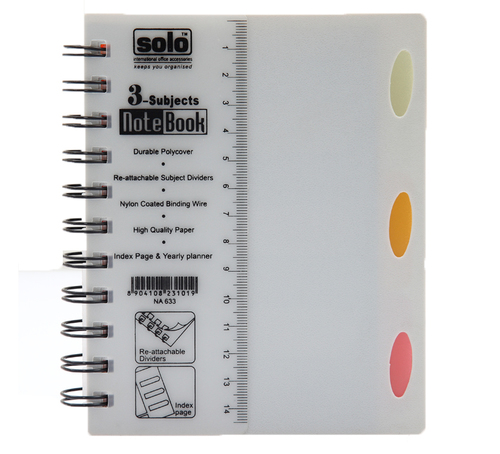 3-Subjects Note Book (240 Pages) - A6 Size, Grey Color | Line Ruled, 3 Divided Sections, Monthly Planner, Detachable Scale, Extra Smooth Writing Paper