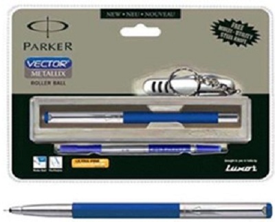 Roller Ball Pen - Metallix Material, 5.08mm Fine Point, Black Body, Blue Ink | Refillable with Parker Quink Refills, Includes Free Multi-Utility Steel Knife