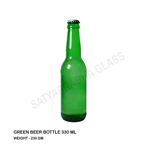 Green Glass Beer Bottle - 330 ml Capacity, 223 mm Height, Crown Cap Sealing, Round Shape, 58 mm Diameter