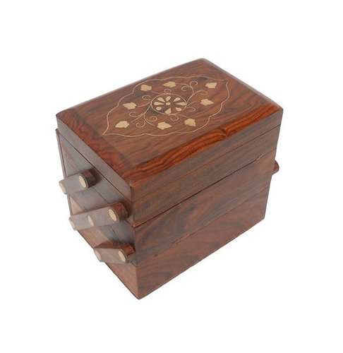 Desi Karigar Wooden Small Jewellery Box With Brass Inlay Work Design