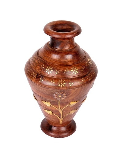 Desi Karigar Handmade Wooden Flower Vase With Brass Carving For Home Decor