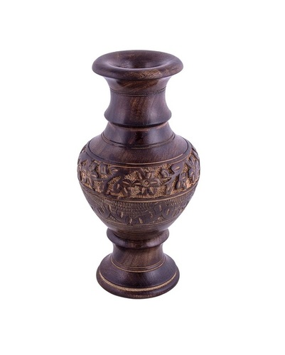 Desi Karigar Brown Handmade Wooden Flower Vase With Carving For Home Decor