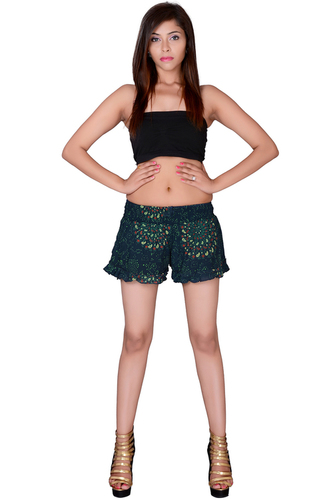 Summer Beachwear Resort Wear Shorts Rayon Hand Block Mandala Print Green Color