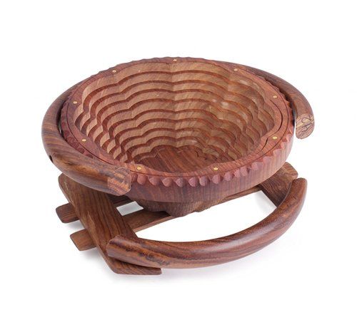 Desi Karigar Wooden Fruit Basket / Foldable Basket/handcrafted For Dining Table