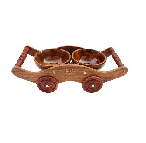 Desi Karigar Handicrafted Set of 2 Wooden Bowl with Trolley