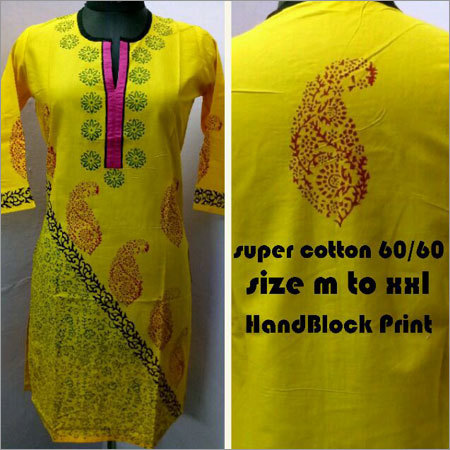 Hand Block Printed Yellow Kurti