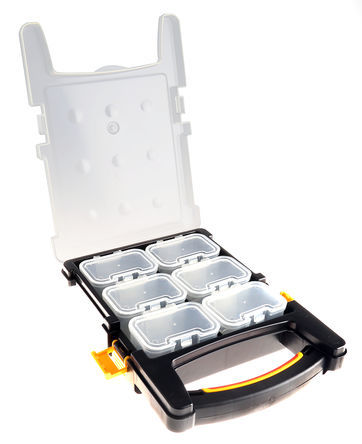 Compartment Boxes - Polypropylene, 215x310x60mm, Black, 6 Adjustable Compartments | Hinged Clear Lid and Lock
