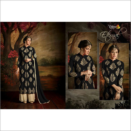 Long Suit With Plazzos - Velvet, Black, Floor-Length | Gold Embroidery, Elegant Style, Comfortable Fit, Modern Design