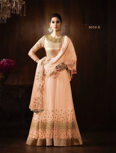 Peach Designer Net Anarkali Suit - Embroidery & Stone Work | Customizable Sizes 34-46, Brocade Yoke & Chiffon Dupatta