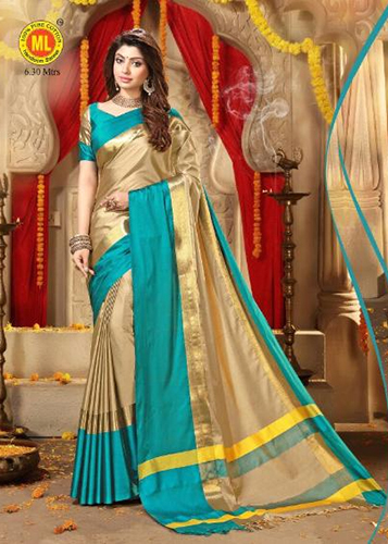 Sky Blue Cotton Saree - Cotton Silk Fabric, Golden & Sea Blue Color, Lace Closure, Plain Pattern