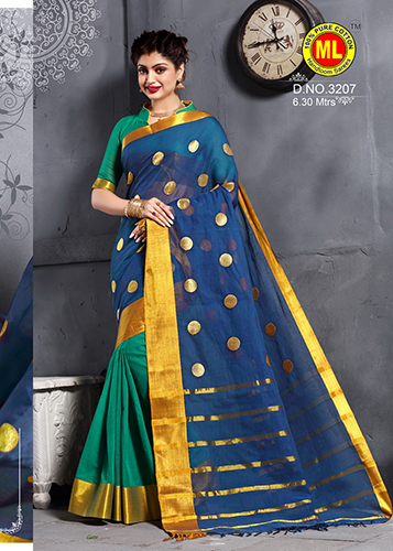 Navy Blue & Green Cotton Saree