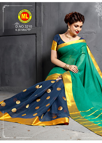 Green & Navy Blue Cotton Saree