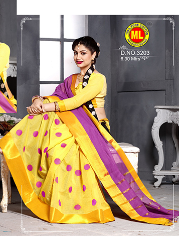 Cotton Saree - Cotton Silk Fabric, Yellow & Purple Printed Design | Elegant Laces Closure